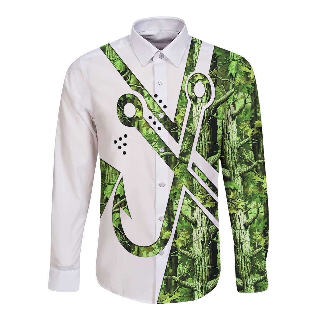 Custom Fishing Hook Long Sleeve Button Shirt with Green Jungle Leaf Pattern and White Split Design - Wonder Print Shop