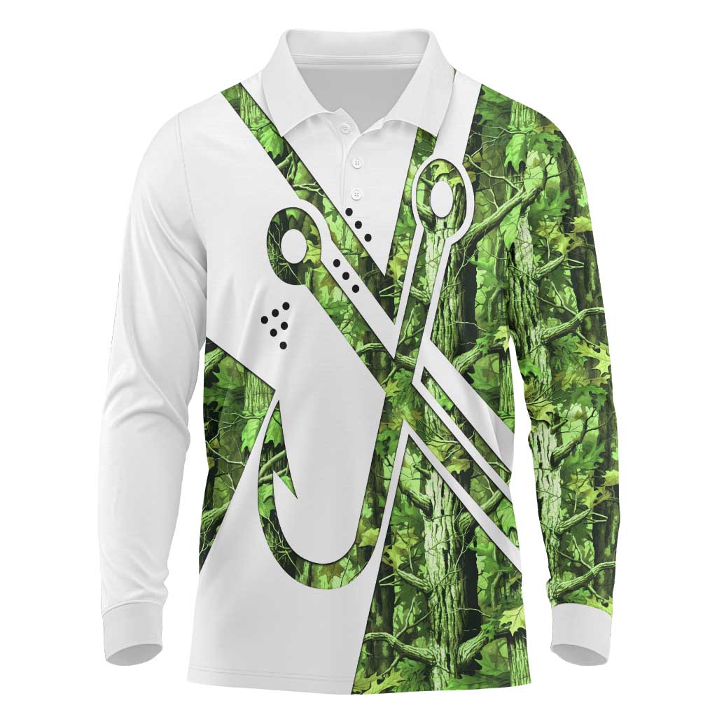 Custom Fishing Hook Long Sleeve Polo Shirt with Green Jungle Leaf Pattern and White Split Design - Wonder Print Shop