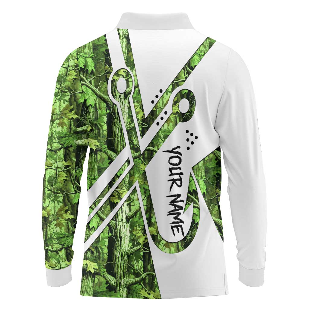Custom Fishing Hook Long Sleeve Polo Shirt with Green Jungle Leaf Pattern and White Split Design - Wonder Print Shop