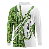 Custom Fishing Hook Long Sleeve Polo Shirt with Green Jungle Leaf Pattern and White Split Design - Wonder Print Shop