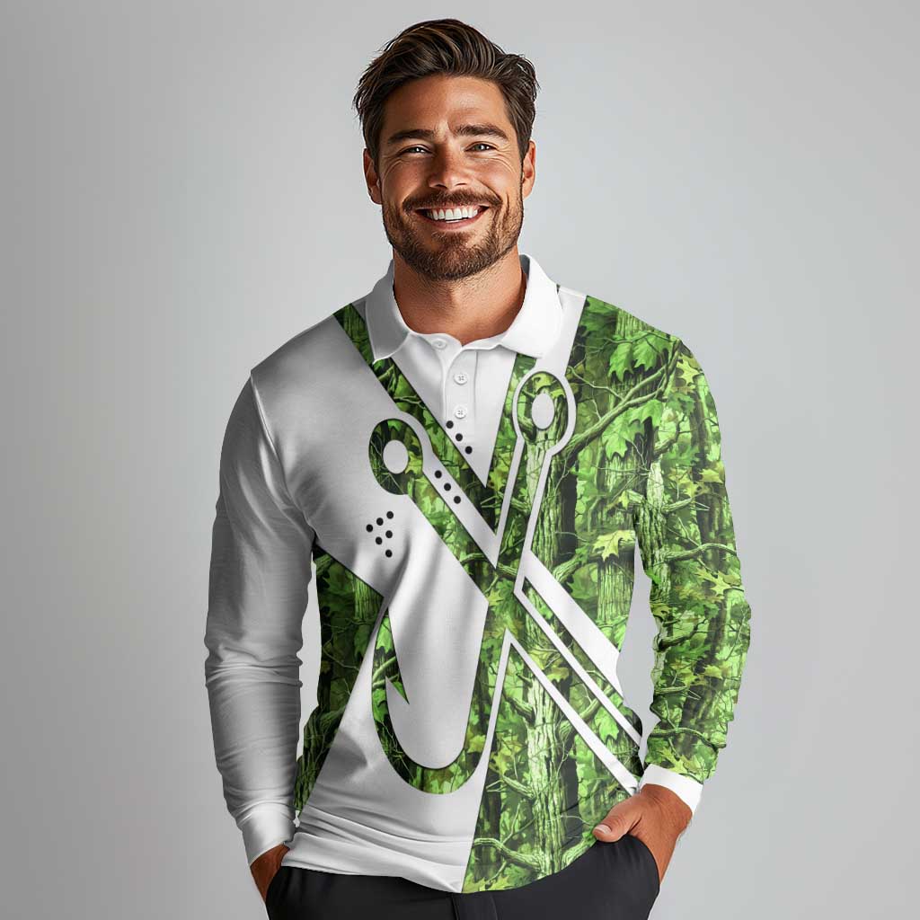 Custom Fishing Hook Long Sleeve Polo Shirt with Green Jungle Leaf Pattern and White Split Design - Wonder Print Shop