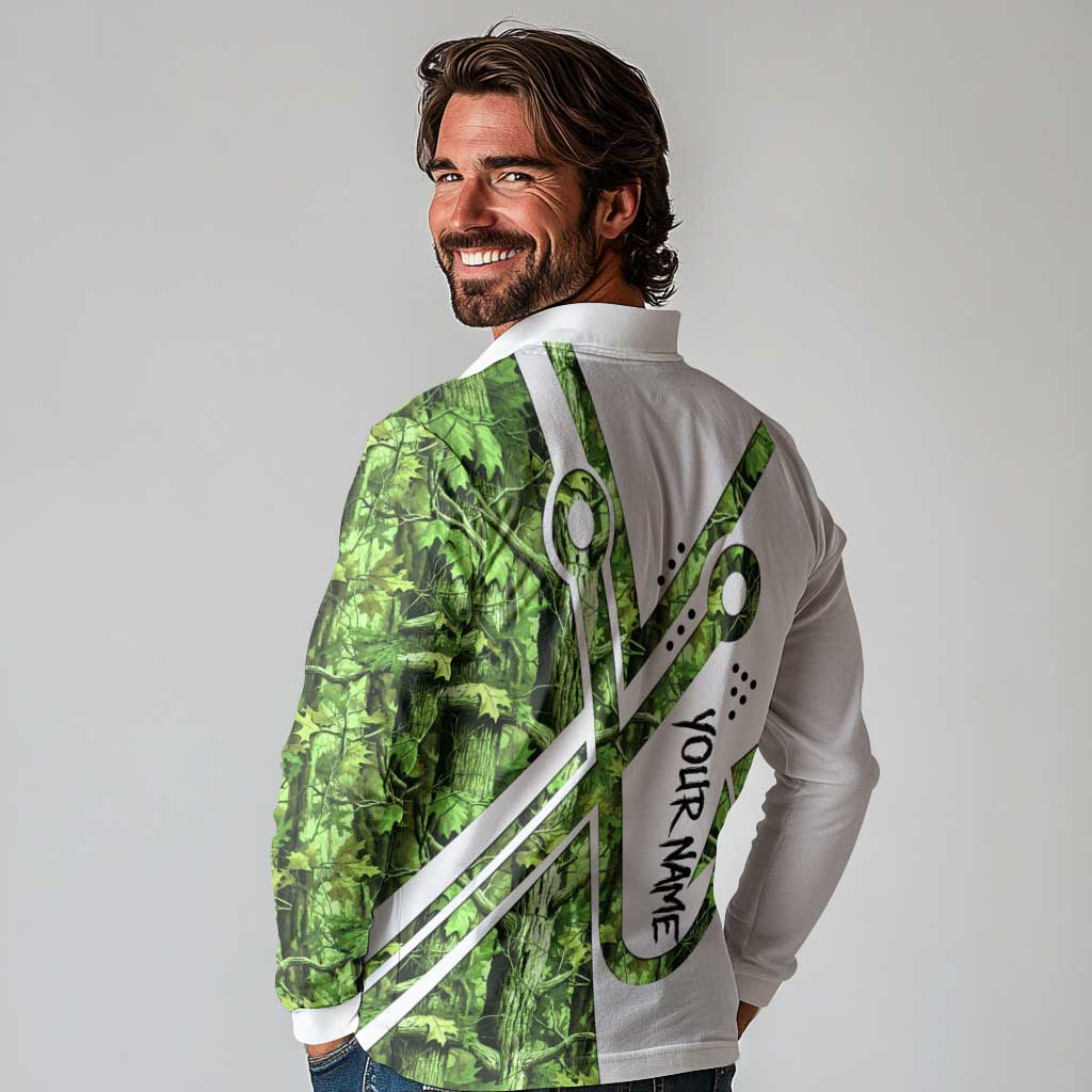 Custom Fishing Hook Long Sleeve Polo Shirt with Green Jungle Leaf Pattern and White Split Design - Wonder Print Shop