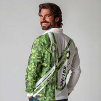 Custom Fishing Hook Long Sleeve Polo Shirt with Green Jungle Leaf Pattern and White Split Design - Wonder Print Shop