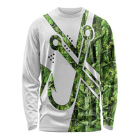 Custom Fishing Hook Long Sleeve Shirt with Green Jungle Leaf Pattern and White Split Design - Wonder Print Shop