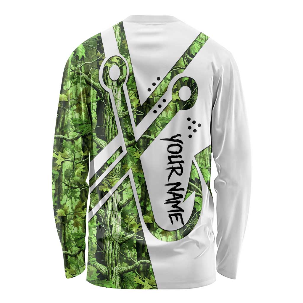 Custom Fishing Hook Long Sleeve Shirt with Green Jungle Leaf Pattern and White Split Design - Wonder Print Shop