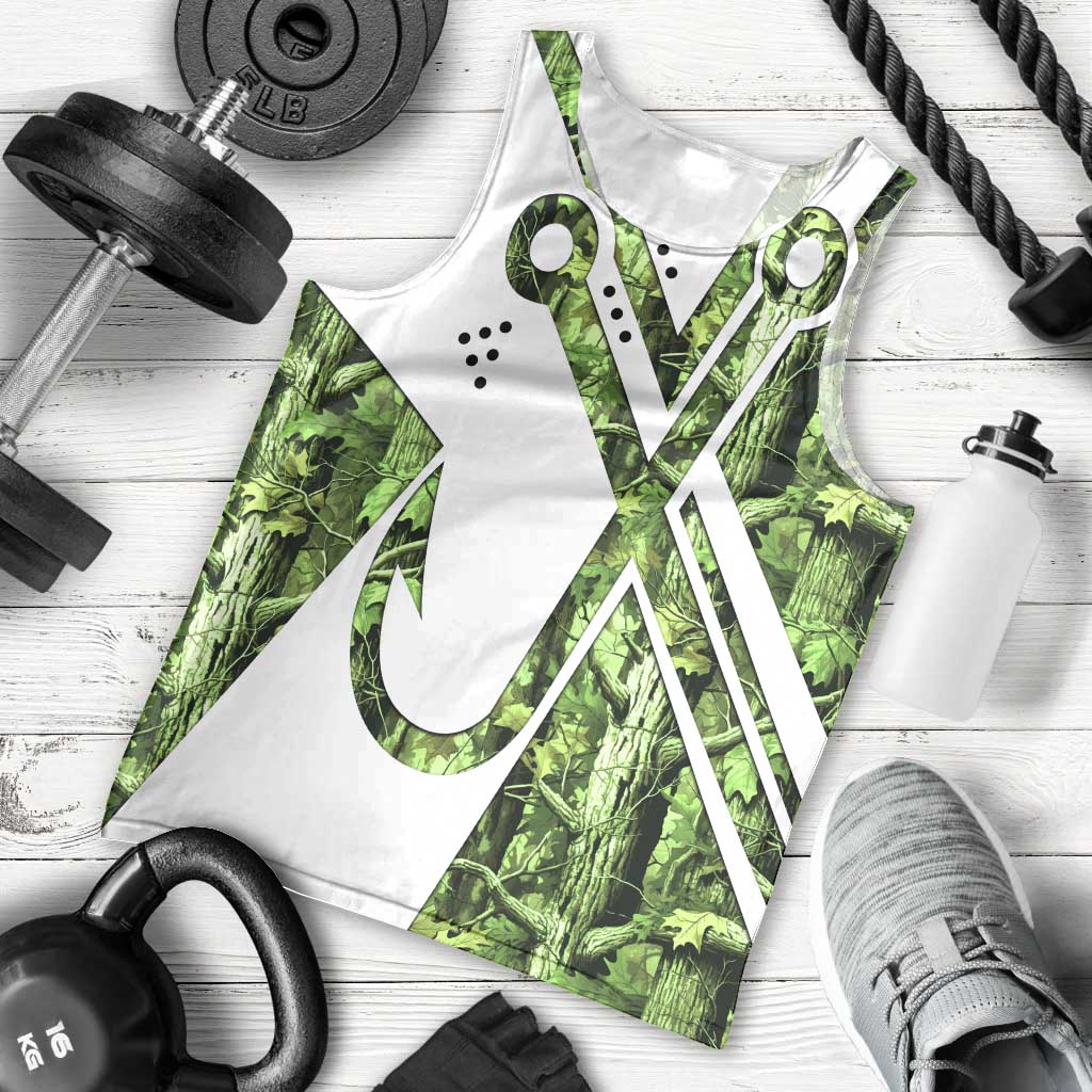 Custom Fishing Hook Men Tank Top with Green Jungle Leaf Pattern and White Split Design - Wonder Print Shop