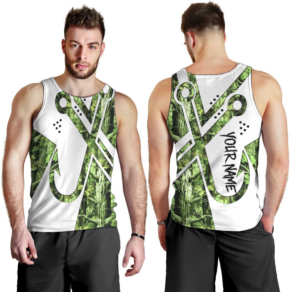 Custom Fishing Hook Men Tank Top with Green Jungle Leaf Pattern and White Split Design - Wonder Print Shop