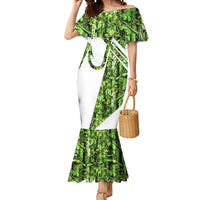 Custom Fishing Hook Mermaid Dress with Green Jungle Leaf Pattern and White Split Design - Wonder Print Shop