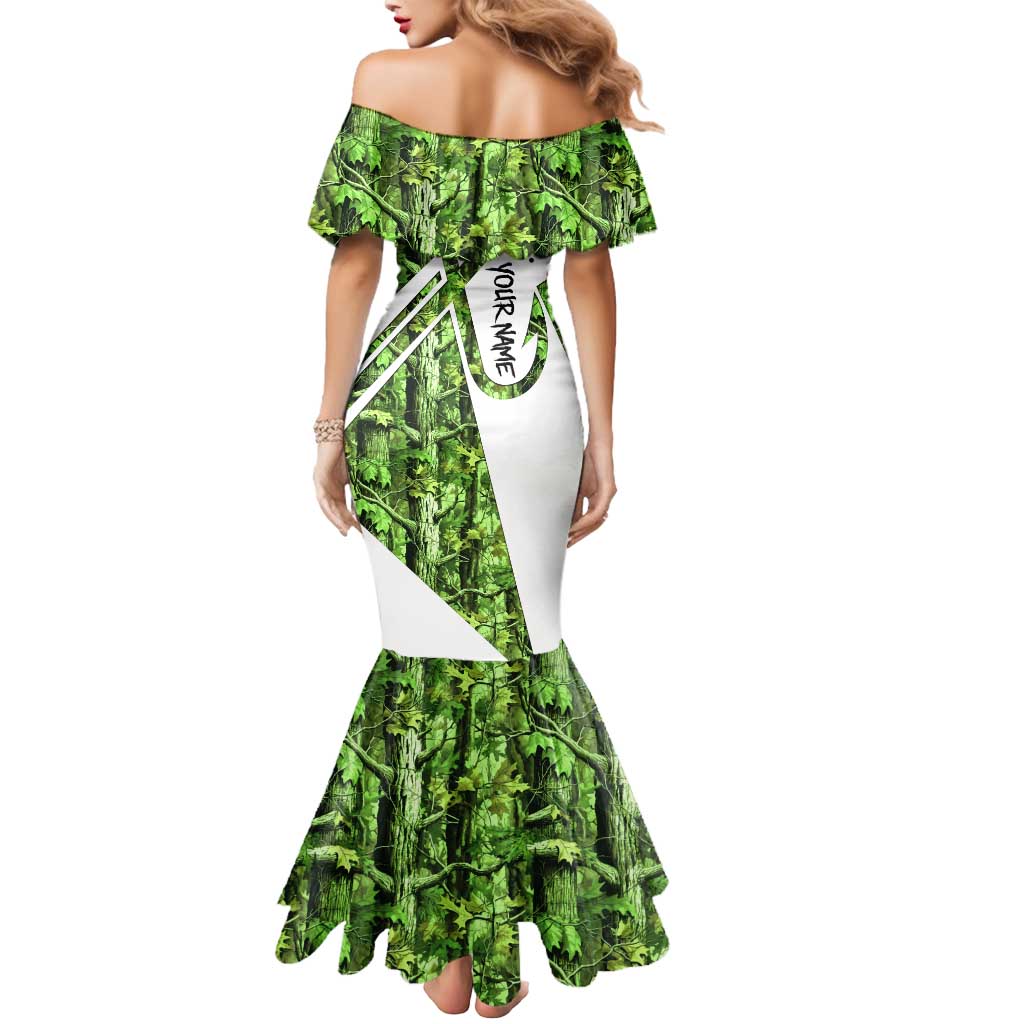 Custom Fishing Hook Mermaid Dress with Green Jungle Leaf Pattern and White Split Design - Wonder Print Shop