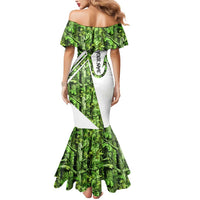 Custom Fishing Hook Mermaid Dress with Green Jungle Leaf Pattern and White Split Design - Wonder Print Shop