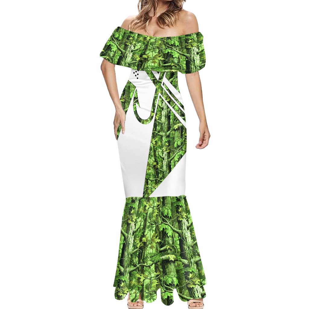 Custom Fishing Hook Mermaid Dress with Green Jungle Leaf Pattern and White Split Design - Wonder Print Shop