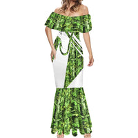 Custom Fishing Hook Mermaid Dress with Green Jungle Leaf Pattern and White Split Design - Wonder Print Shop