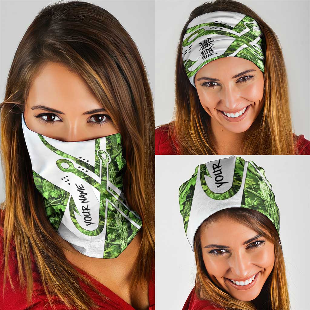 Custom Fishing Hook Neck Gaiter with Green Jungle Leaf Pattern and White Split Design - Wonder Print Shop