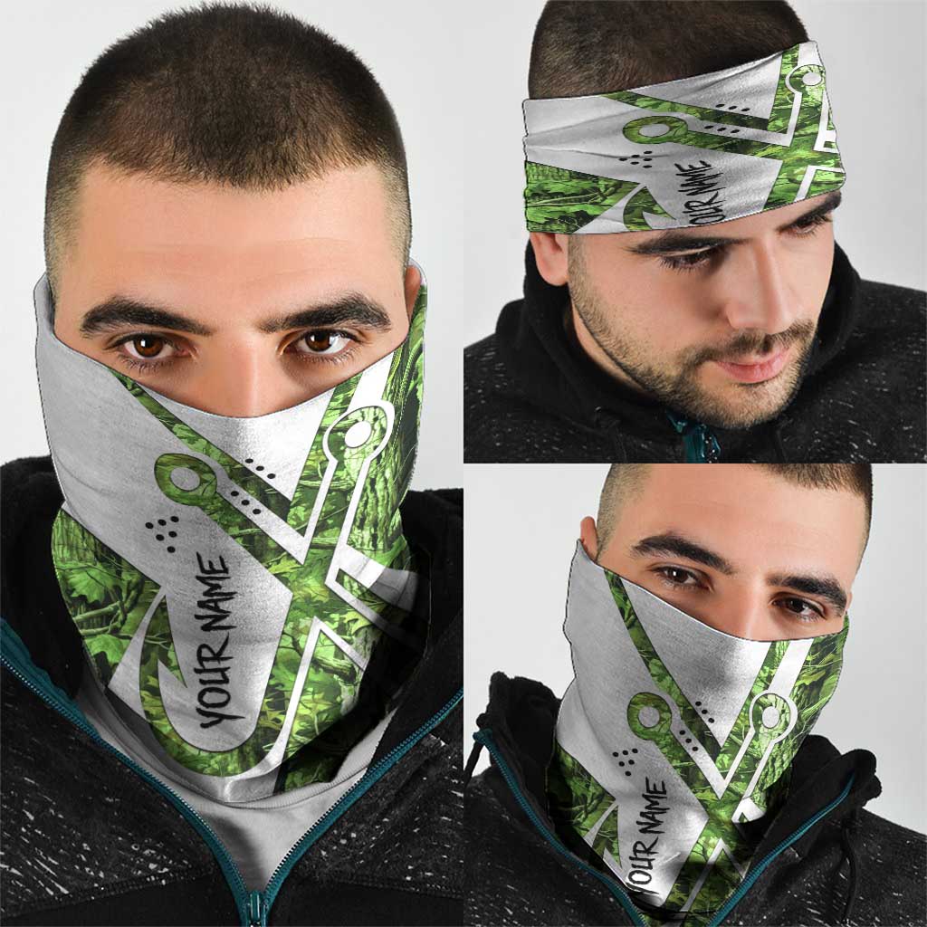 Custom Fishing Hook Neck Gaiter with Green Jungle Leaf Pattern and White Split Design - Wonder Print Shop