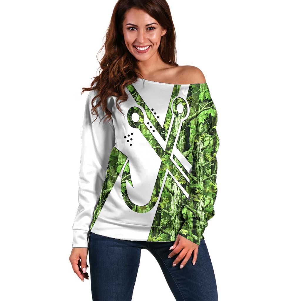 Custom Fishing Hook Off Shoulder Sweater with Green Jungle Leaf Pattern and White Split Design - Wonder Print Shop