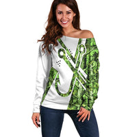 Custom Fishing Hook Off Shoulder Sweater with Green Jungle Leaf Pattern and White Split Design - Wonder Print Shop