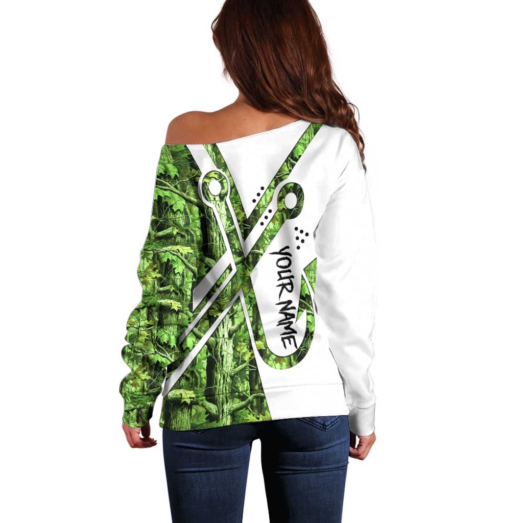 Custom Fishing Hook Off Shoulder Sweater with Green Jungle Leaf Pattern and White Split Design - Wonder Print Shop