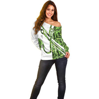 Custom Fishing Hook Off Shoulder Sweater with Green Jungle Leaf Pattern and White Split Design - Wonder Print Shop