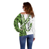 Custom Fishing Hook Off Shoulder Sweater with Green Jungle Leaf Pattern and White Split Design - Wonder Print Shop