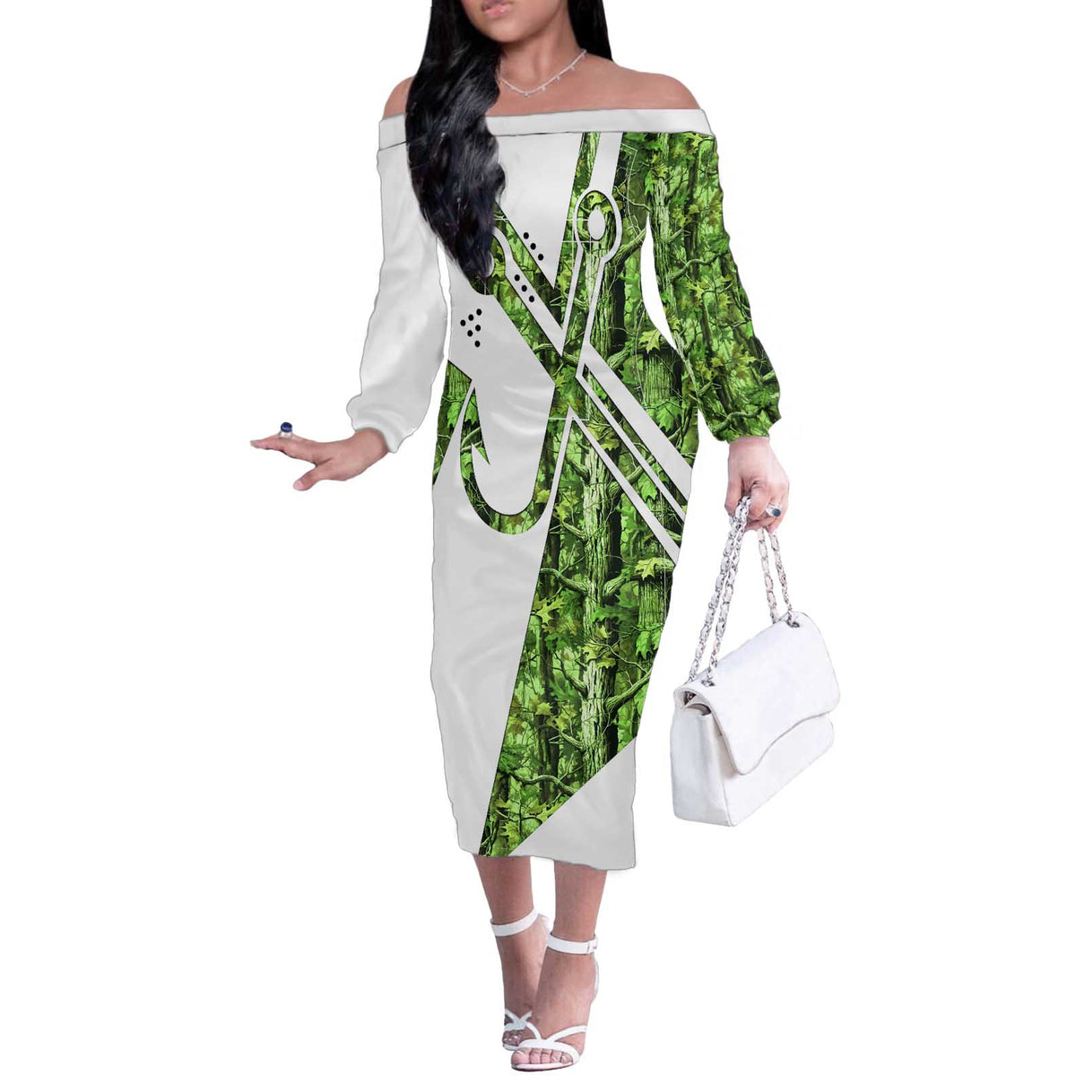 Custom Fishing Hook Off The Shoulder Long Sleeve Dress with Green Jungle Leaf Pattern and White Split Design - Wonder Print Shop