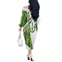 Custom Fishing Hook Off The Shoulder Long Sleeve Dress with Green Jungle Leaf Pattern and White Split Design - Wonder Print Shop