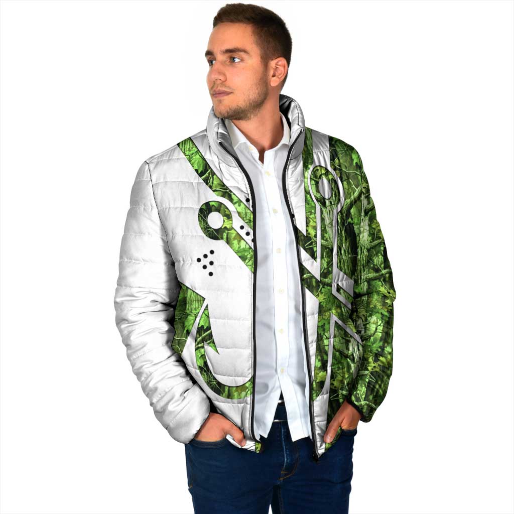 Custom Fishing Hook Padded Jacket with Green Jungle Leaf Pattern and White Split Design - Wonder Print Shop