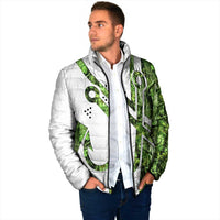 Custom Fishing Hook Padded Jacket with Green Jungle Leaf Pattern and White Split Design - Wonder Print Shop
