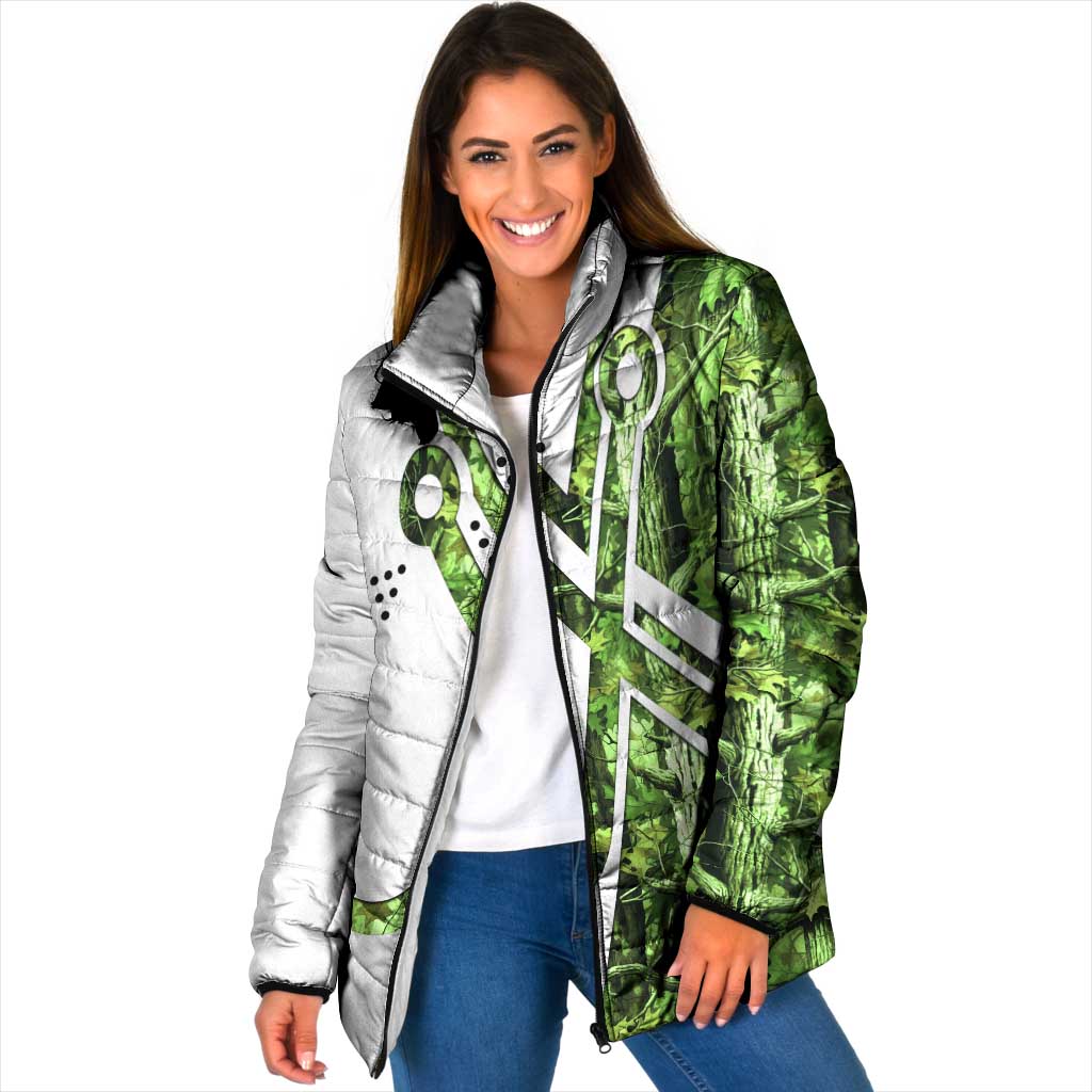 Custom Fishing Hook Padded Jacket with Green Jungle Leaf Pattern and White Split Design - Wonder Print Shop
