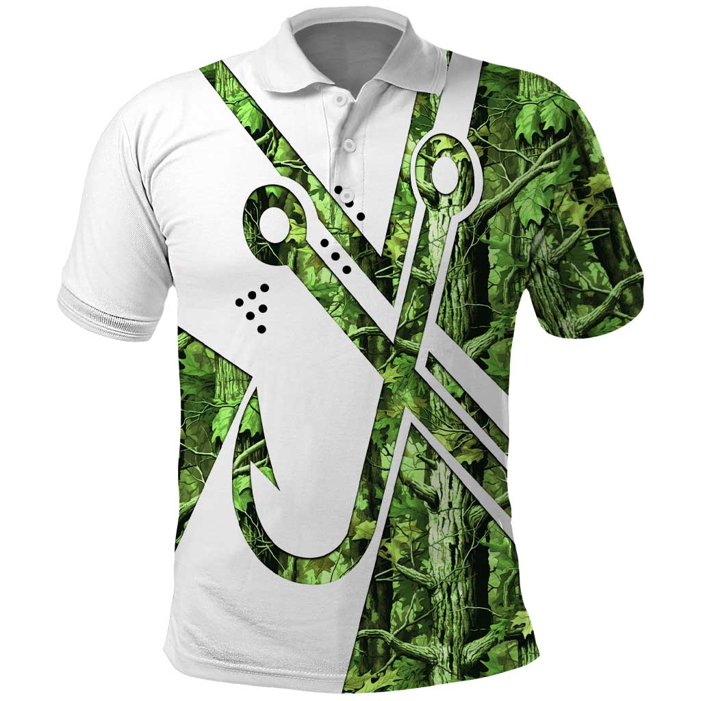 Custom Fishing Hook Polo Shirt with Green Jungle Leaf Pattern and White Split Design - Wonder Print Shop