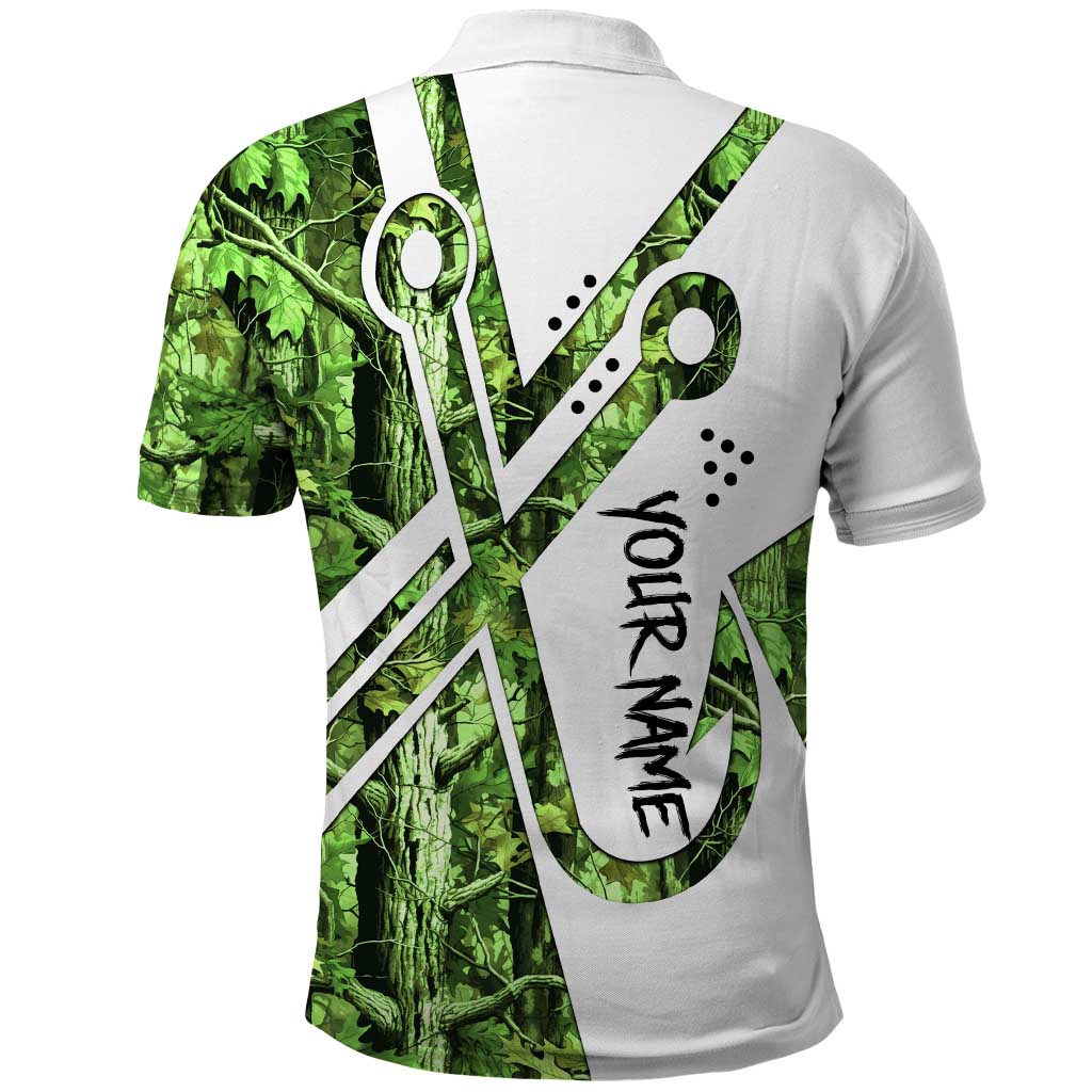 Custom Fishing Hook Polo Shirt with Green Jungle Leaf Pattern and White Split Design - Wonder Print Shop