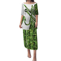 Custom Fishing Hook Puletasi with Green Jungle Leaf Pattern and White Split Design - Wonder Print Shop