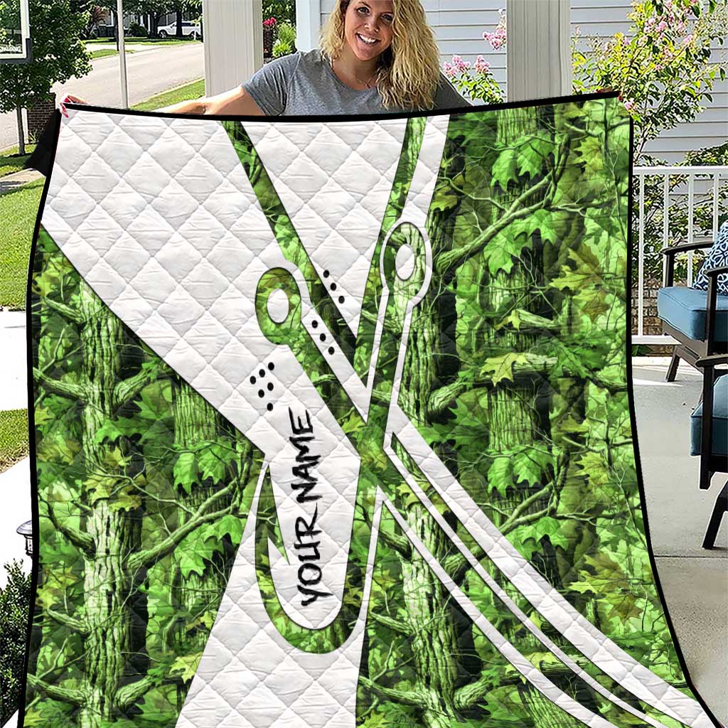 Custom Fishing Hook Quilt with Green Jungle Leaf Pattern and White Split Design - Wonder Print Shop