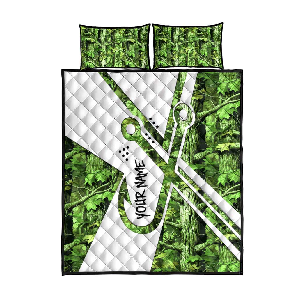 Custom Fishing Hook Quilt Bed Set with Green Jungle Leaf Pattern and White Split Design - Wonder Print Shop