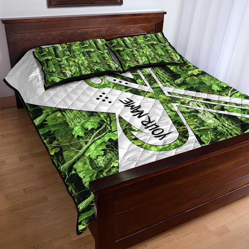 Custom Fishing Hook Quilt Bed Set with Green Jungle Leaf Pattern and White Split Design - Wonder Print Shop