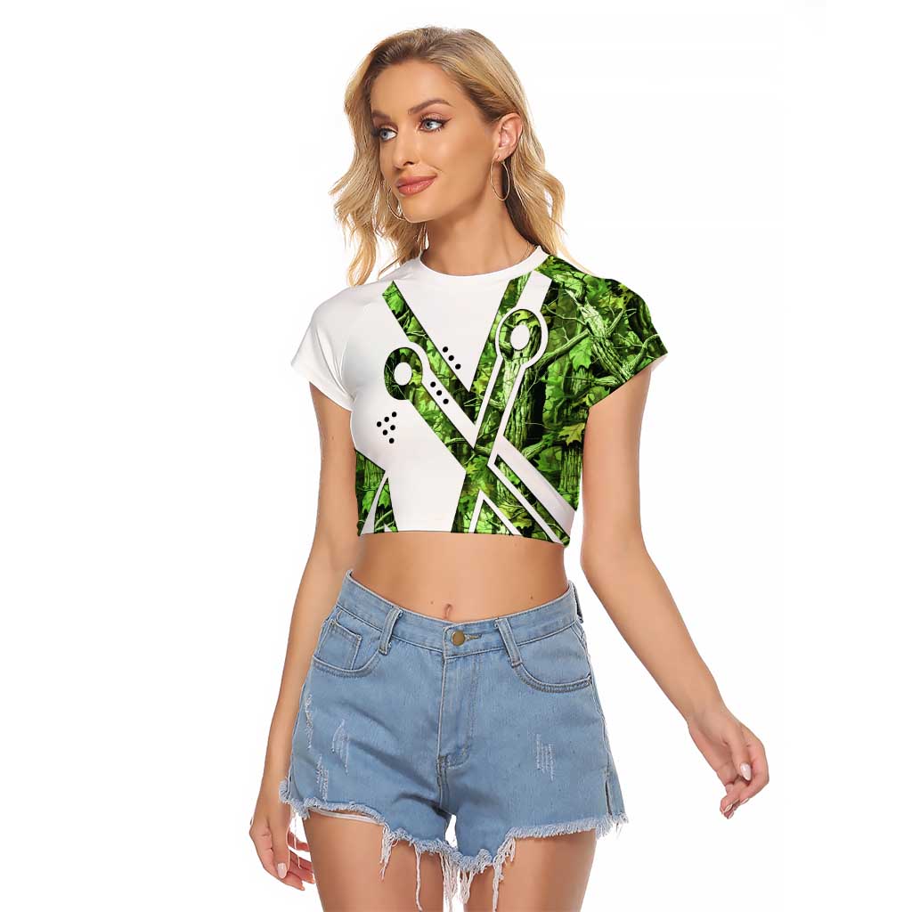 Custom Fishing Hook Raglan Cropped T Shirt with Green Jungle Leaf Pattern and White Split Design - Wonder Print Shop