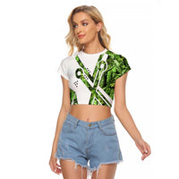 Custom Fishing Hook Raglan Cropped T Shirt with Green Jungle Leaf Pattern and White Split Design - Wonder Print Shop