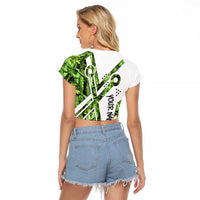 Custom Fishing Hook Raglan Cropped T Shirt with Green Jungle Leaf Pattern and White Split Design - Wonder Print Shop