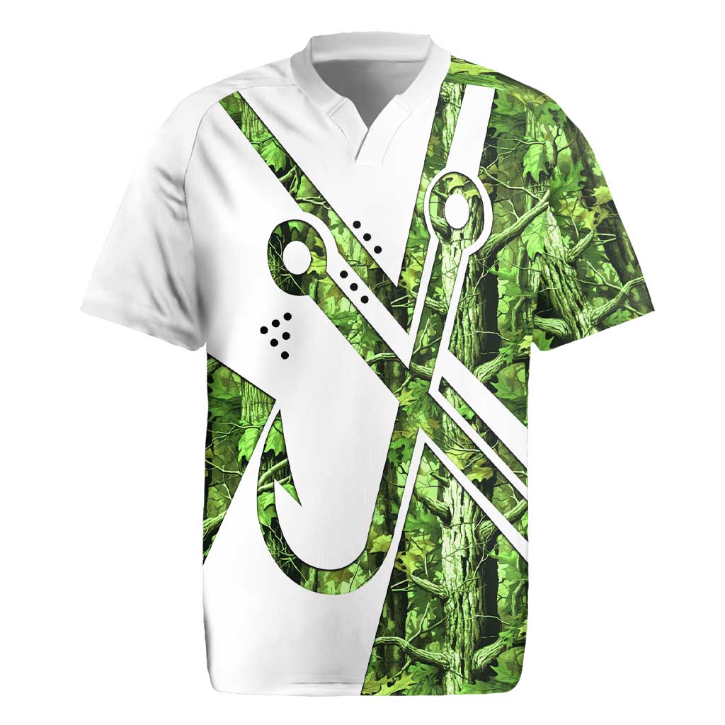 Custom Fishing Hook Rugby Jersey with Green Jungle Leaf Pattern and White Split Design - Wonder Print Shop