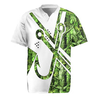 Custom Fishing Hook Rugby Jersey with Green Jungle Leaf Pattern and White Split Design - Wonder Print Shop