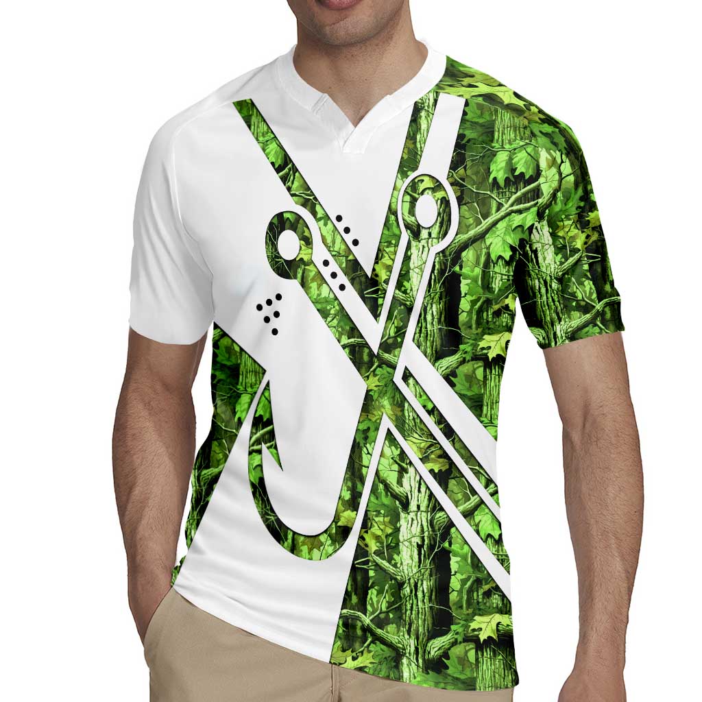 Custom Fishing Hook Rugby Jersey with Green Jungle Leaf Pattern and White Split Design - Wonder Print Shop