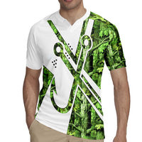 Custom Fishing Hook Rugby Jersey with Green Jungle Leaf Pattern and White Split Design - Wonder Print Shop