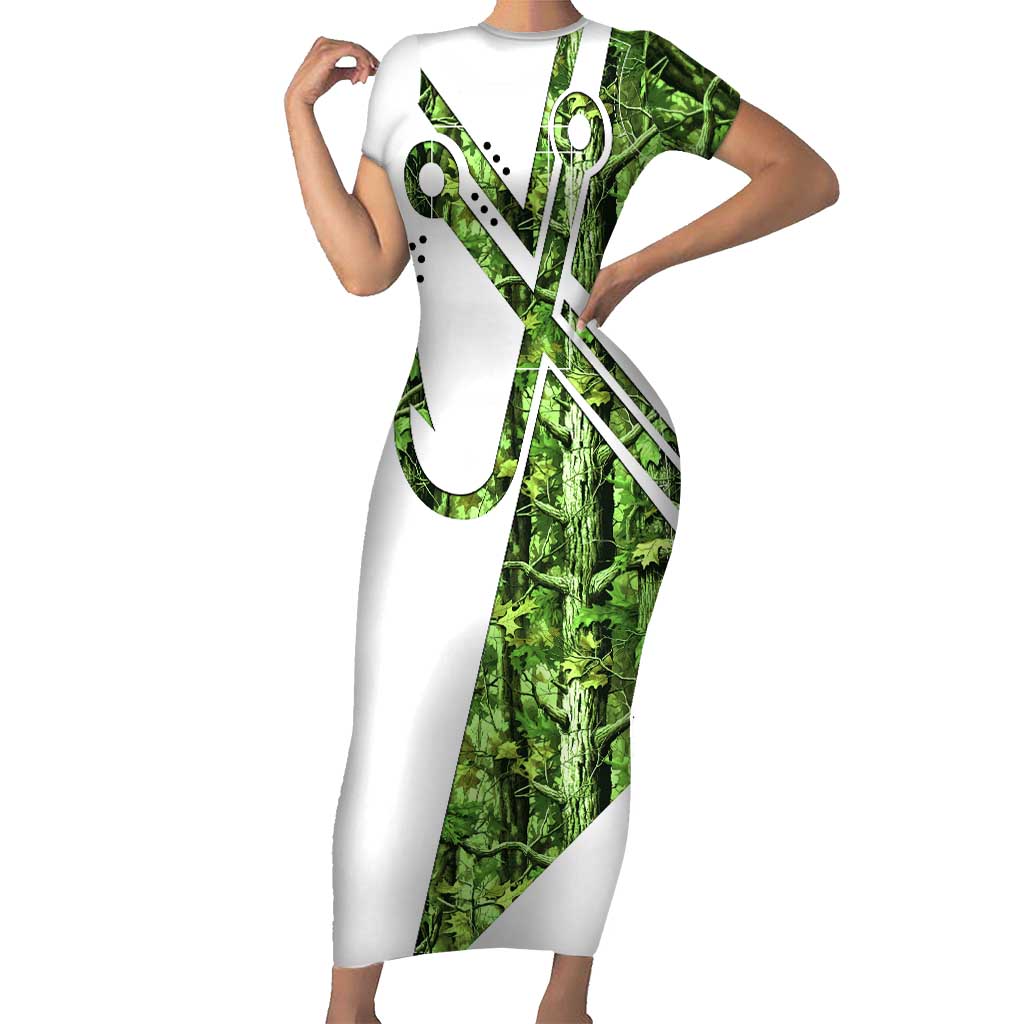 Custom Fishing Hook Short Sleeve Bodycon Dress with Green Jungle Leaf Pattern and White Split Design - Wonder Print Shop