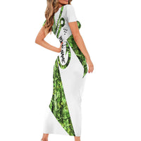 Custom Fishing Hook Short Sleeve Bodycon Dress with Green Jungle Leaf Pattern and White Split Design - Wonder Print Shop