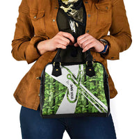 Custom Fishing Hook Shoulder Handbag with Green Jungle Leaf Pattern and White Split Design - Wonder Print Shop
