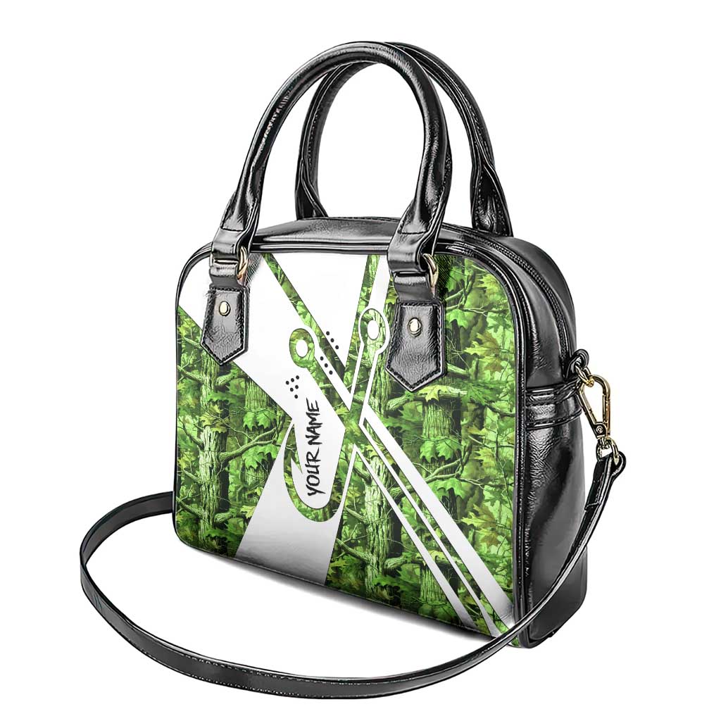 Custom Fishing Hook Shoulder Handbag with Green Jungle Leaf Pattern and White Split Design - Wonder Print Shop