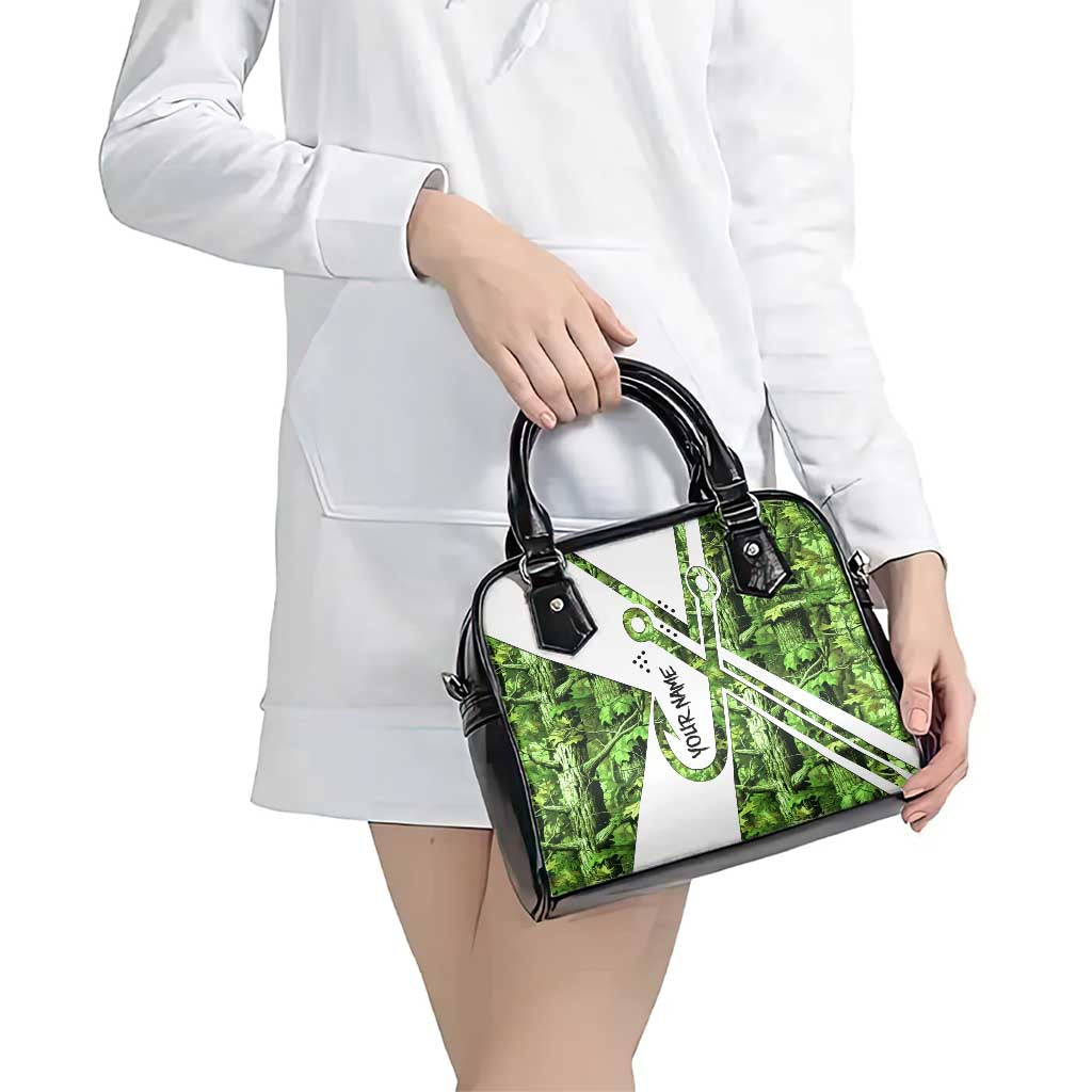 Custom Fishing Hook Shoulder Handbag with Green Jungle Leaf Pattern and White Split Design - Wonder Print Shop