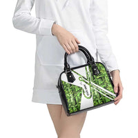 Custom Fishing Hook Shoulder Handbag with Green Jungle Leaf Pattern and White Split Design - Wonder Print Shop
