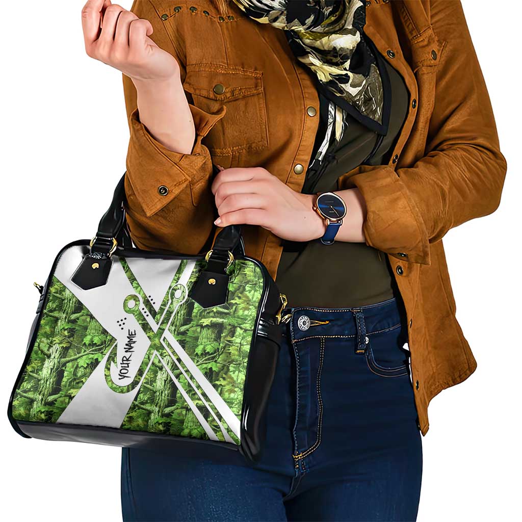 Custom Fishing Hook Shoulder Handbag with Green Jungle Leaf Pattern and White Split Design - Wonder Print Shop