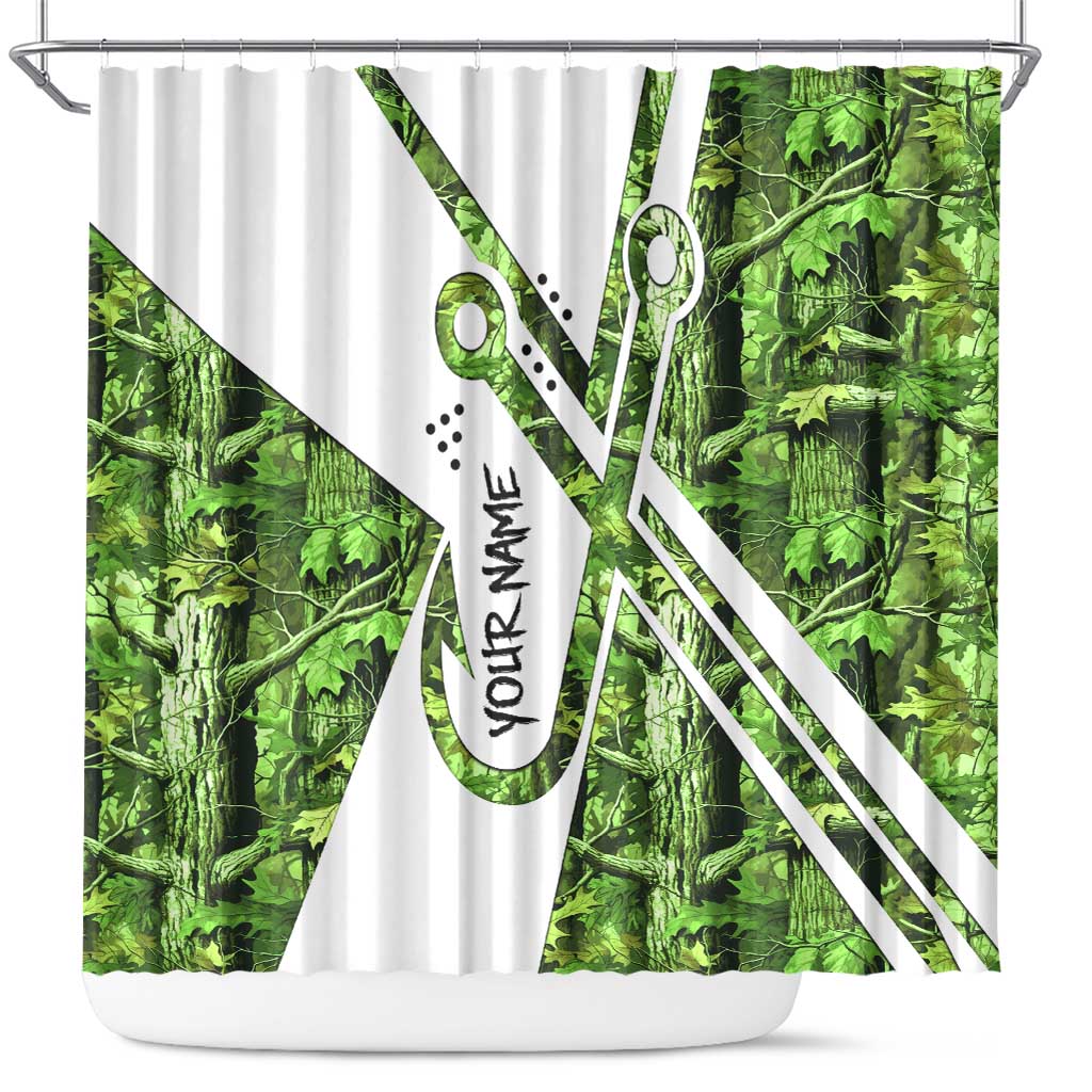 Custom Fishing Hook Shower Curtain with Green Jungle Leaf Pattern and White Split Design - Wonder Print Shop