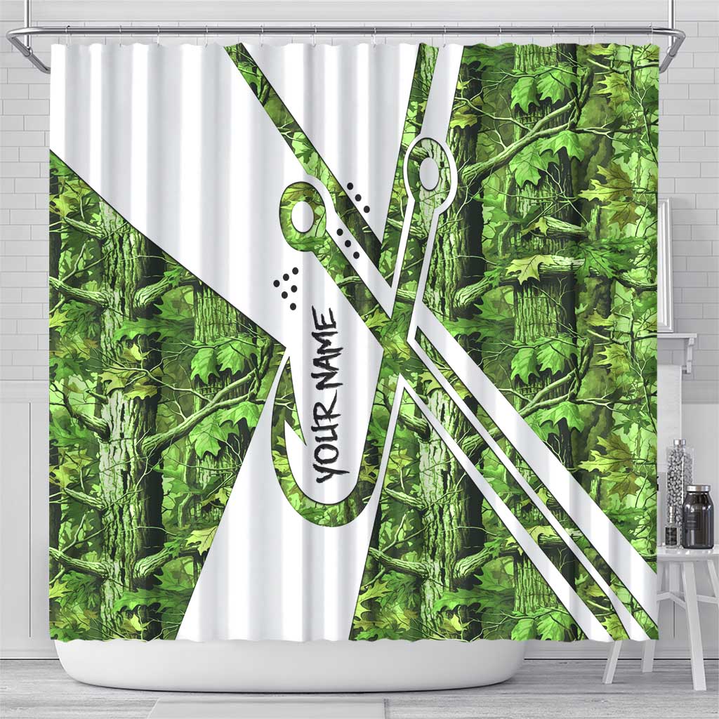 Custom Fishing Hook Shower Curtain with Green Jungle Leaf Pattern and White Split Design - Wonder Print Shop
